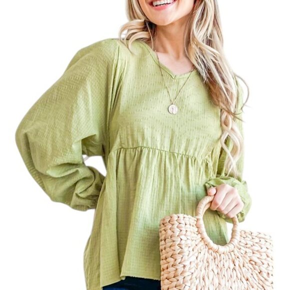 Green Spring Textured V-Neck Blouse - Picture 3 of 7